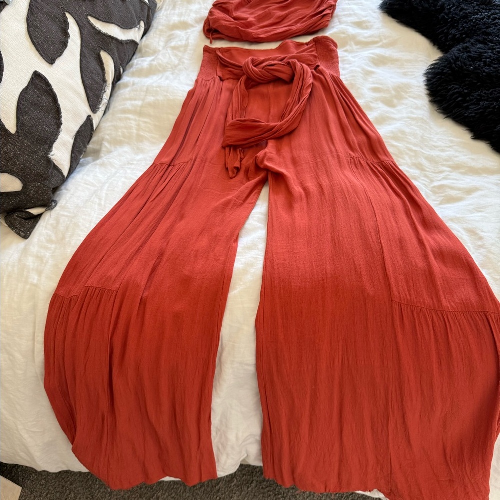 Free People FP One Palermo Wide Leg pants set viscose in coral - Picture 2 of 7